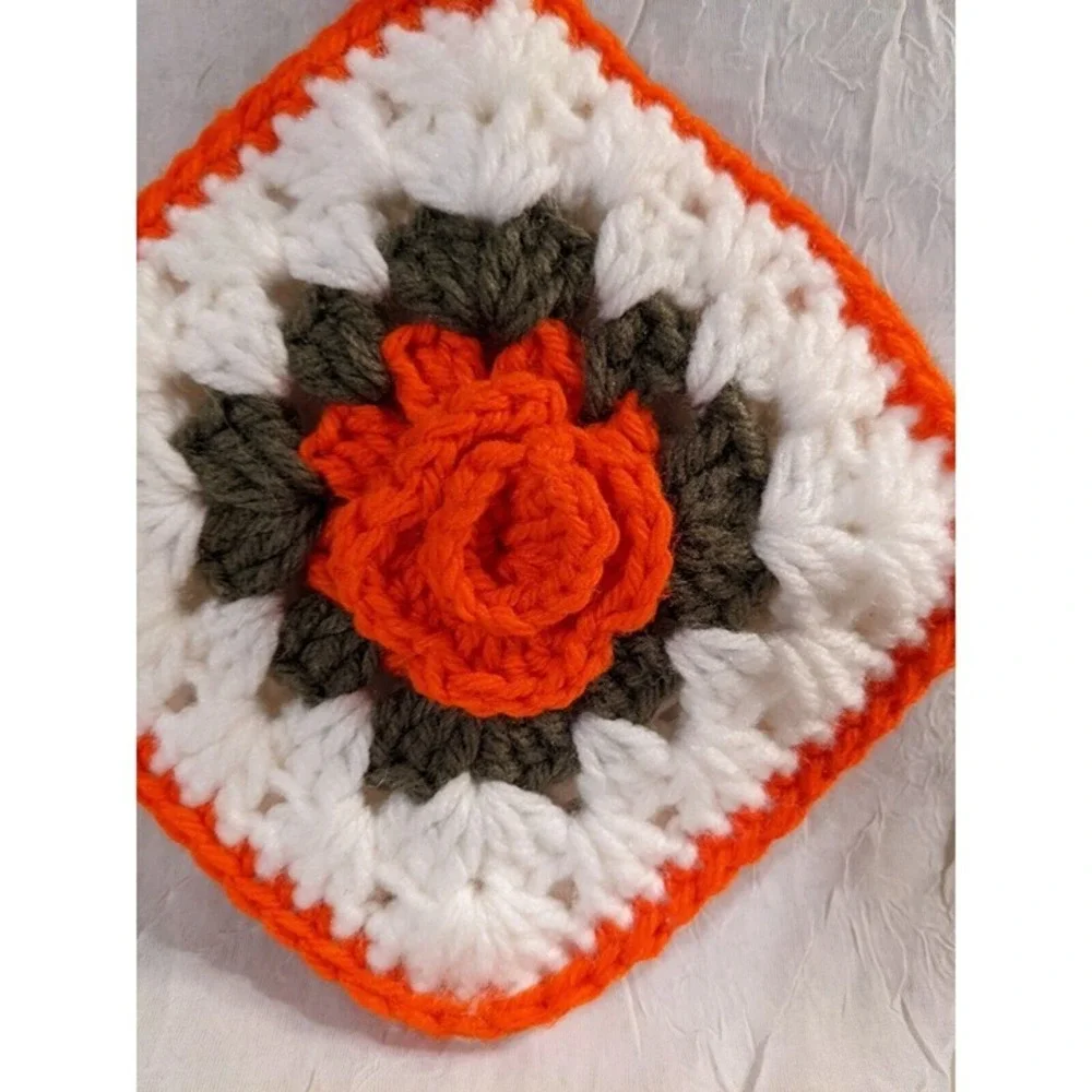 Crocheted Pot Holders Roses Flowers Boho Handmade Orange Decorative MCM Vtg Home